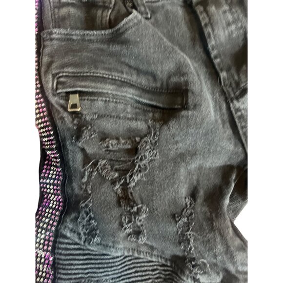 Preme Mens Black Distressed Jeans With Rhinestone Stripes 32W 32L Moto - Picture 6 of 10